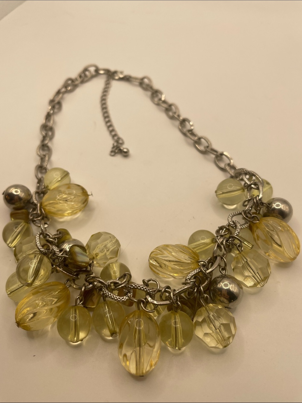 Yellow Clear Acrylic Beads, silver beads, & shell Cluster Necklace 8” drop ext 3